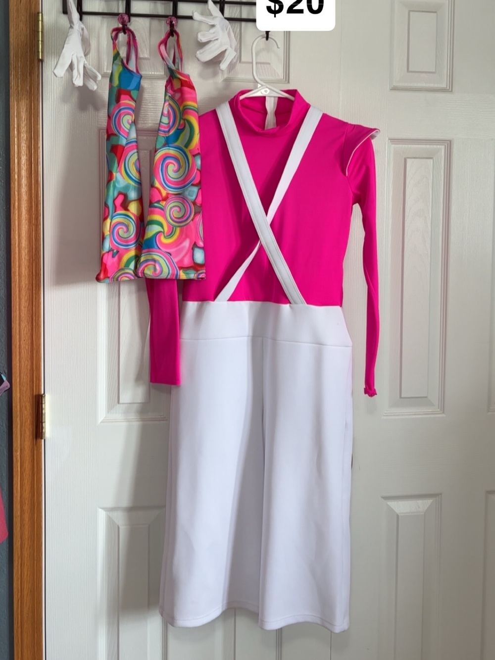 Girls Hot Pink and White Costume Jumpsuit with Colorful Swirl Apron